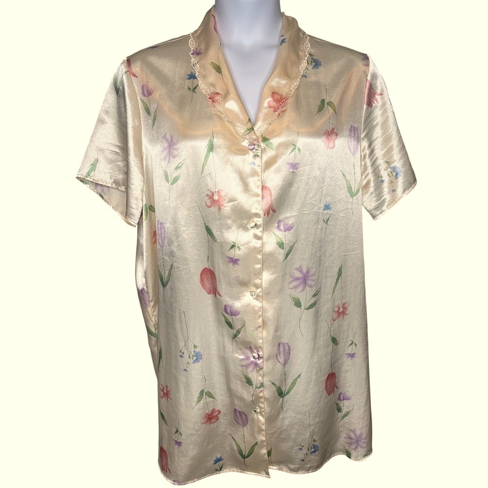 VTG 90s Lord & Taylor Yellow Pastel Floral Satin Pajama Top 1X Silky Coquette